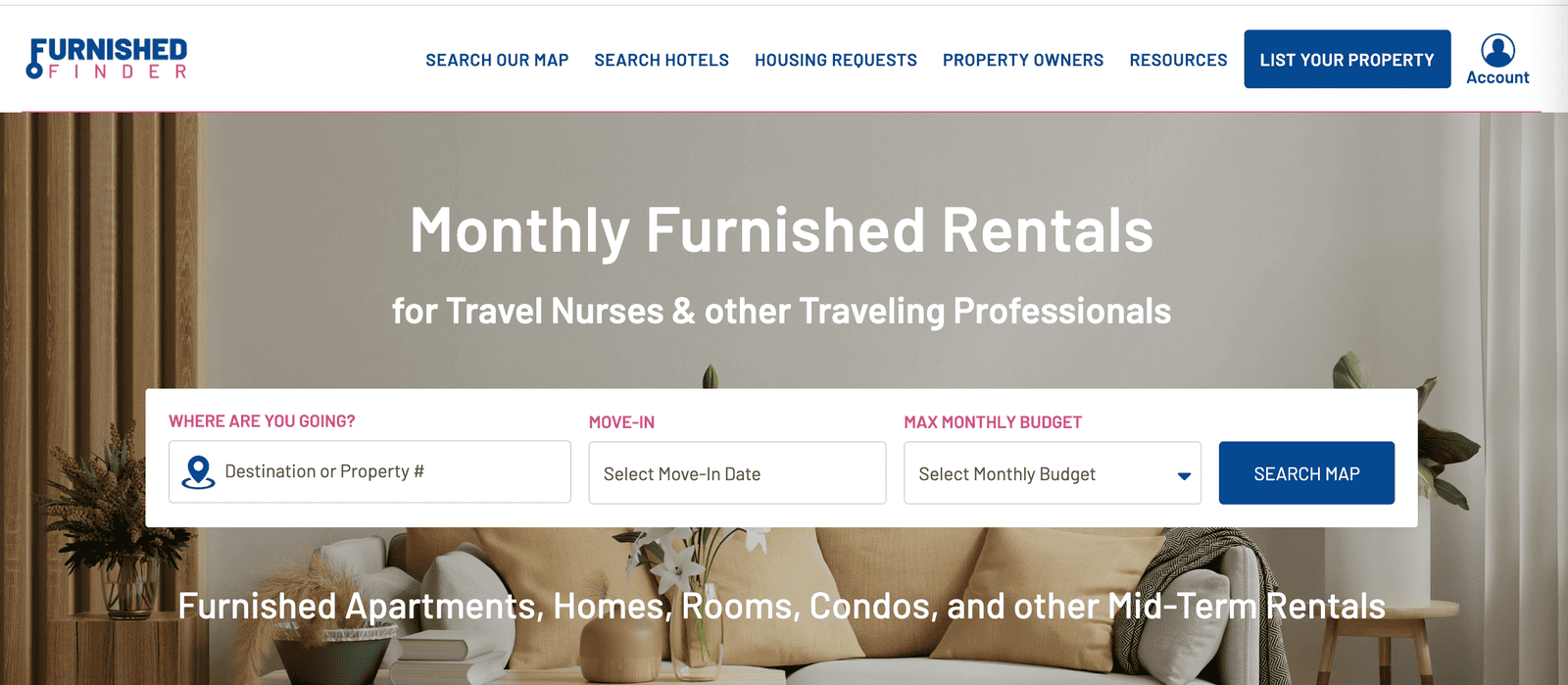 best travel nurse housing site, furnished finder homepage